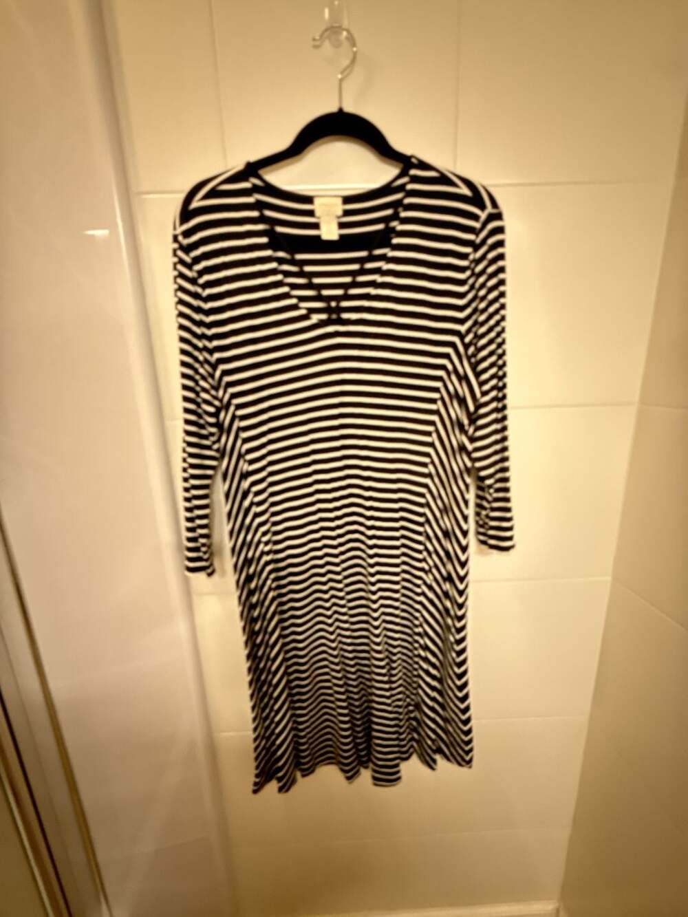 Chico's Black and White Striped V-Neck Swing Dress